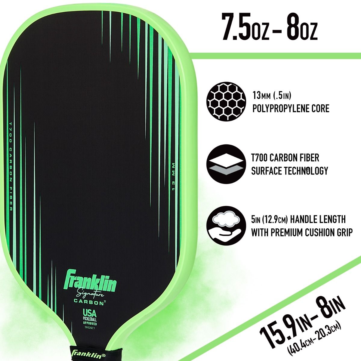 Franklin Signature Carbon Series Pickleball Paddle – 13mm Traditional Shape, Green